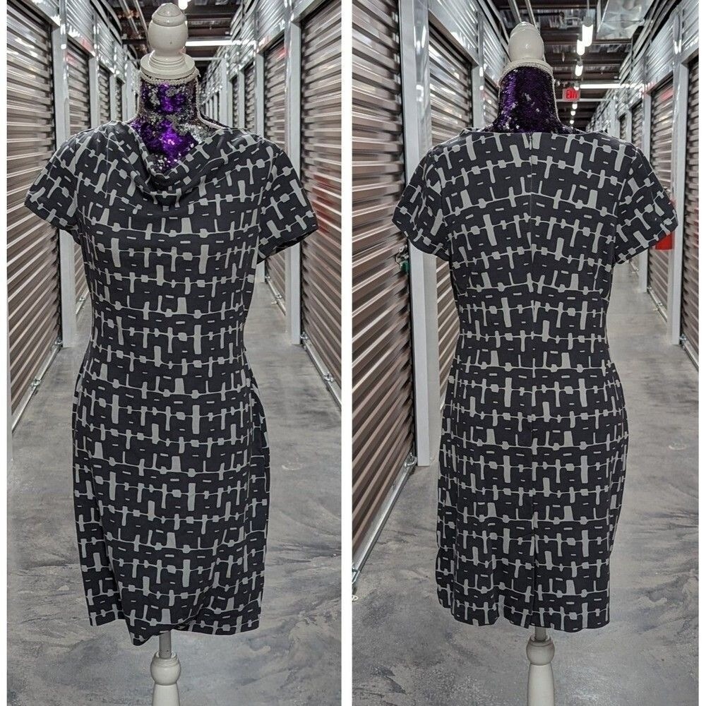 Quiet Luxury Geometric Print Mod Minimalist Cowl Sheath Dress Banana Republic 10
